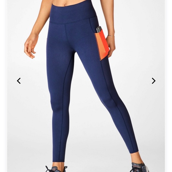 Fabletics Pants - Fabletics Navy sculptknit Leggings with Orange Pocket Medium regular length